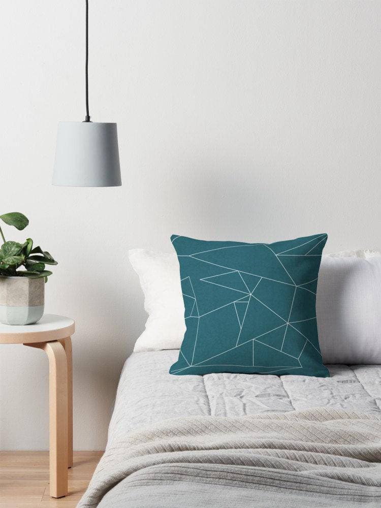 Shadowbright Teal Cushion with a White Geometric Line Design, Throw Pillow