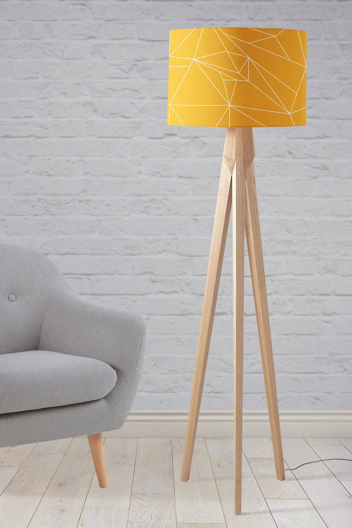 Shadowbright Yellow Lampshade with White Lines Geometric Design