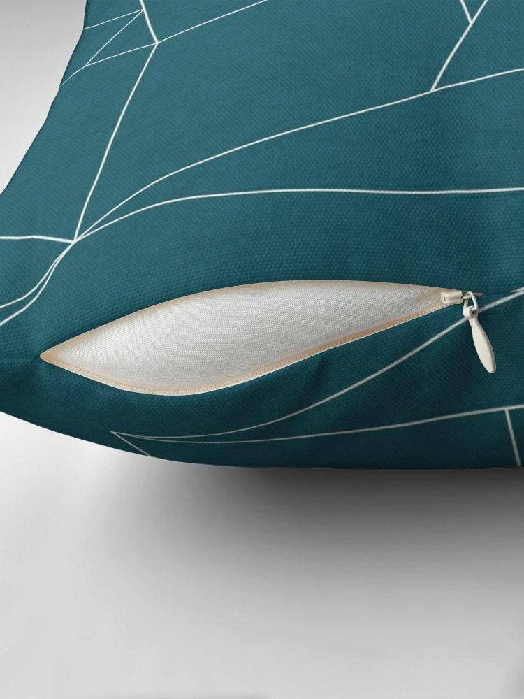 Shadowbright Teal Cushion with a White Geometric Line Design, Throw Pillow