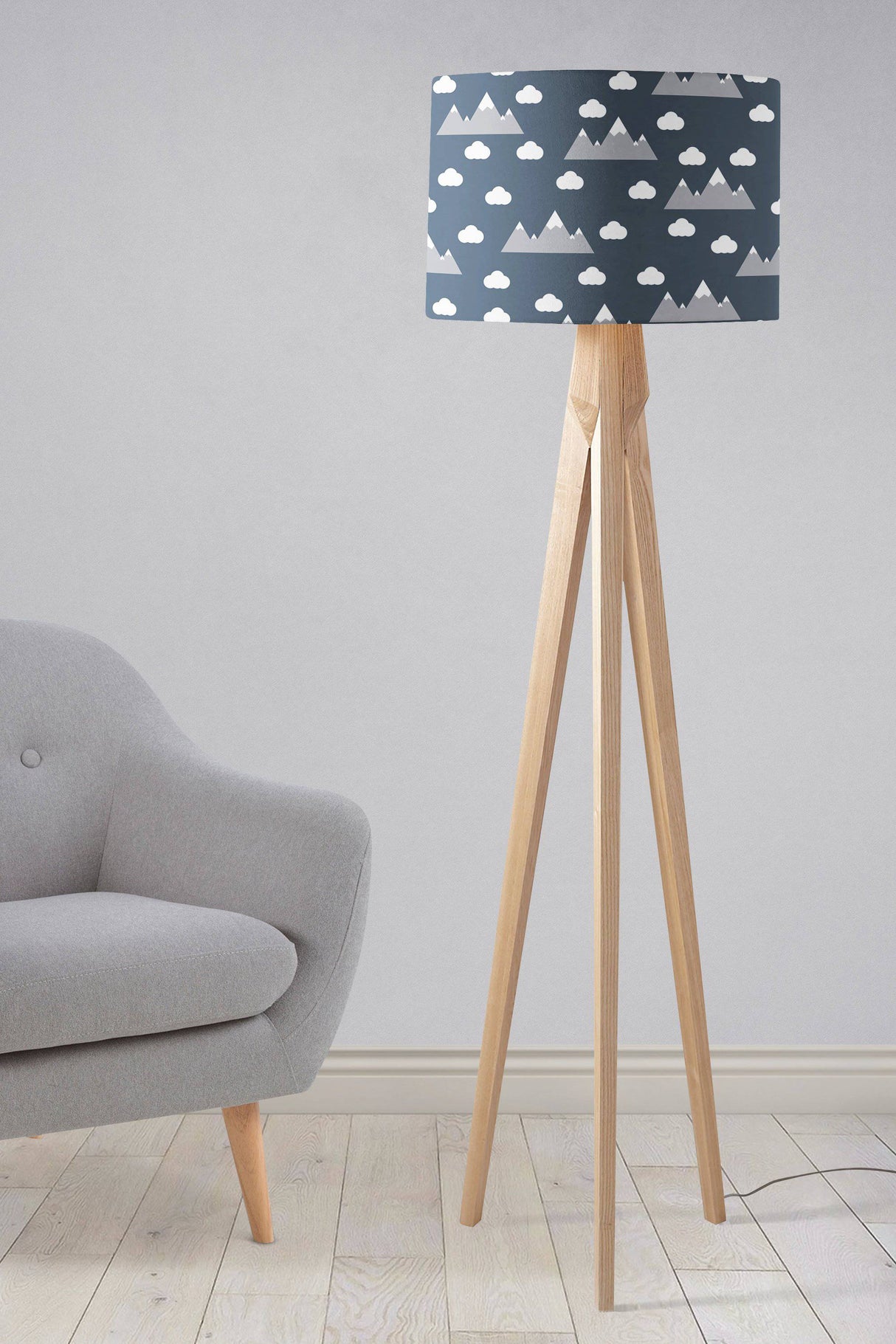 Shadowbright Navy Blue Lampshade with Clouds and Mountains Design