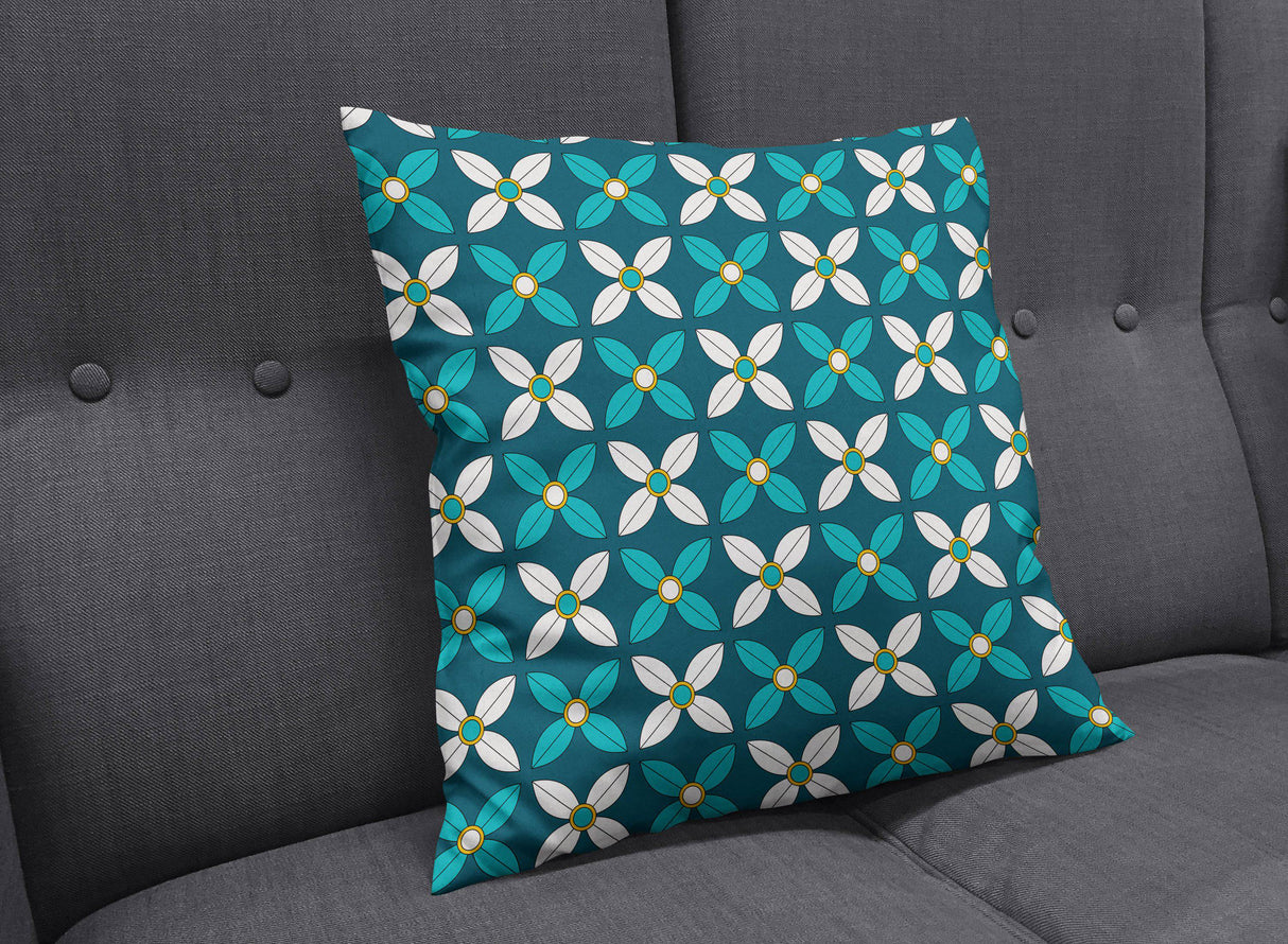 Shadowbright Dark Blue Cushion with White/Blue Geometric Floral Design, Throw Pillow