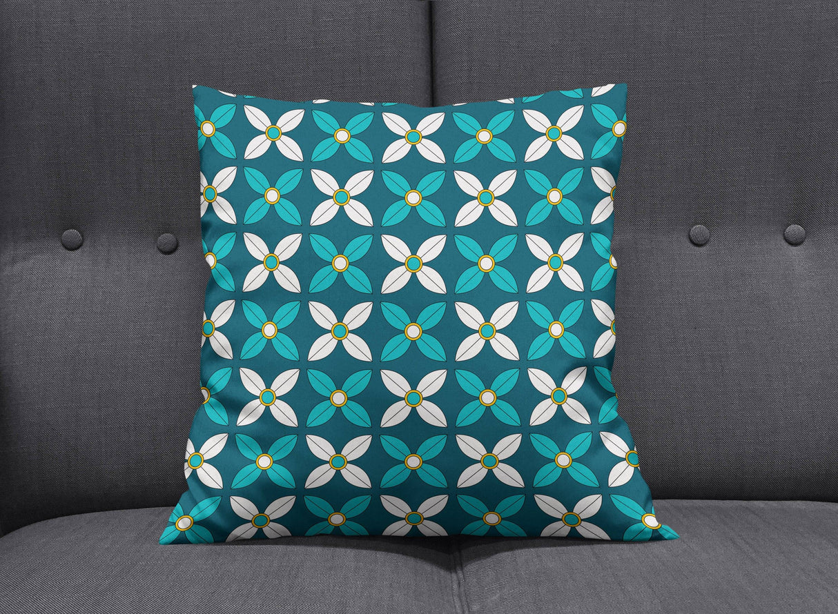 Shadowbright Dark Blue Cushion with White/Blue Geometric Floral Design, Throw Pillow