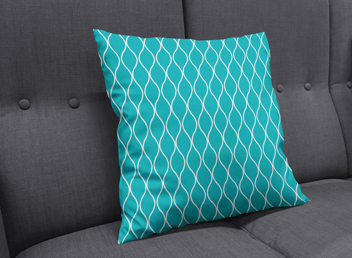 Shadowbright Turquoise Cushion with White Geometric Design, Throw Pillow