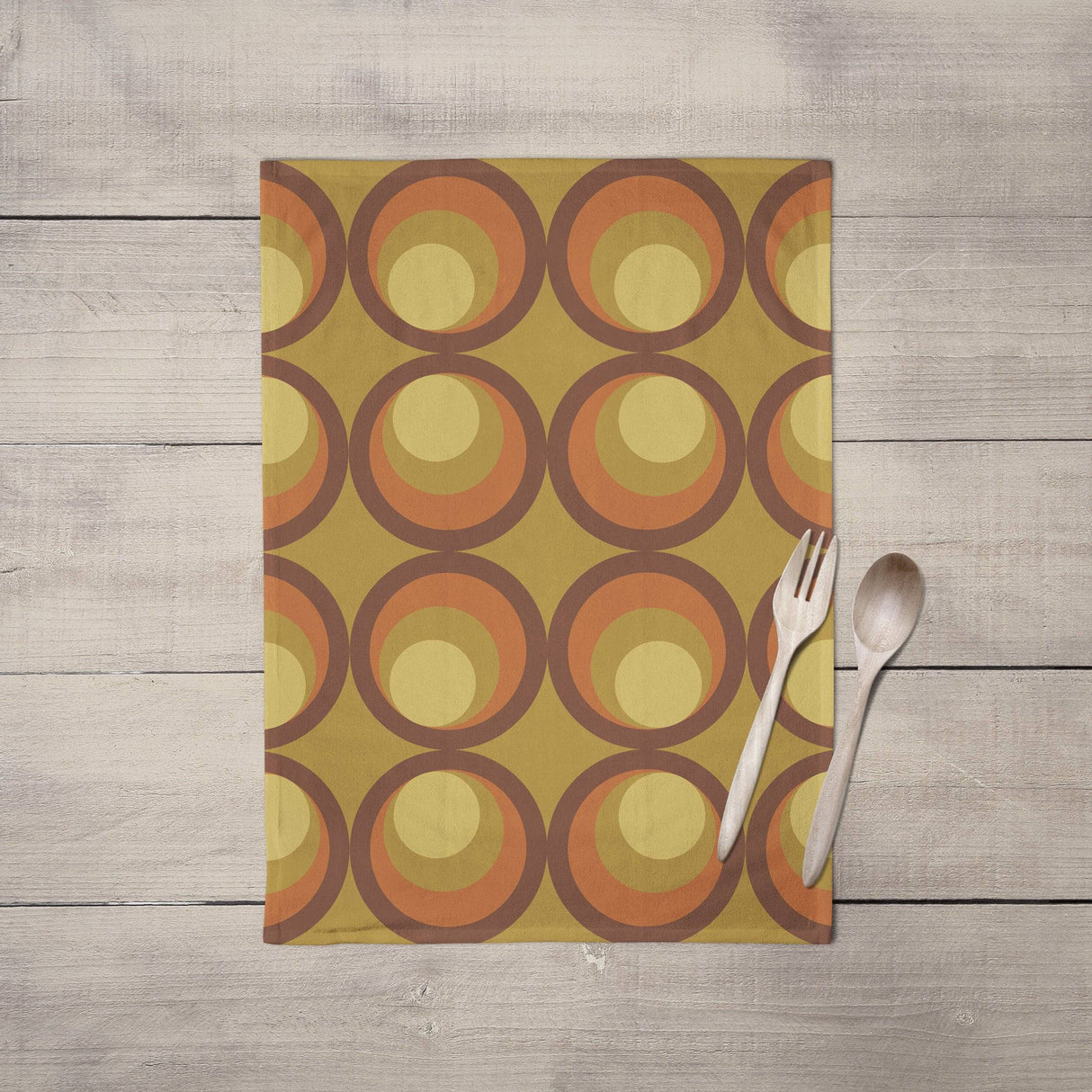 Shadowbright Mustard Yellow Tea Towel with Orange and Brown Retro Design