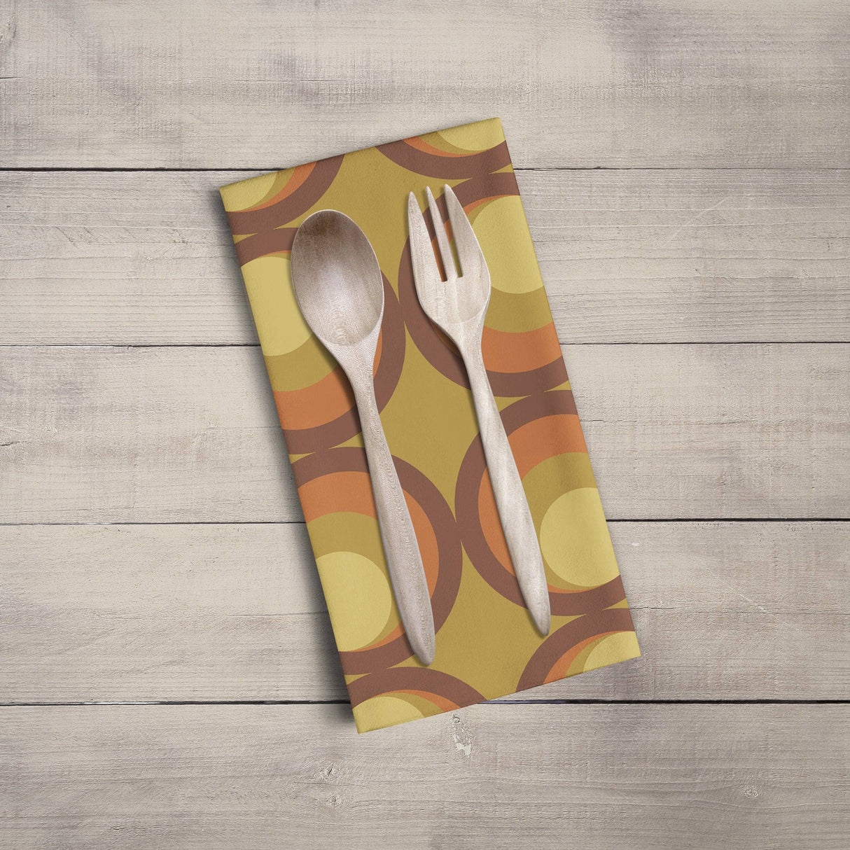 Shadowbright Mustard Yellow Tea Towel with Orange and Brown Retro Design