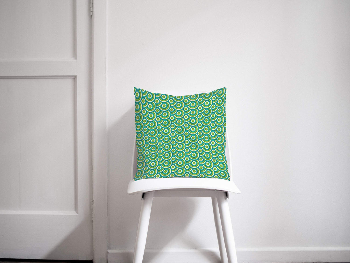 Shadowbright Green and Blue Circles 70's Retro Design, Throw Pillow