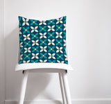 Shadowbright Dark Blue Cushion with White/Blue Geometric Floral Design, Throw Pillow