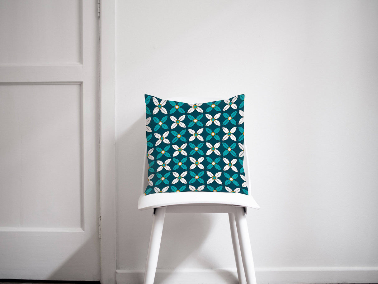 Shadowbright Dark Blue Cushion with White/Blue Geometric Floral Design, Throw Pillow