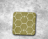 Shadowbright Olive Green Coasters with a White Hexagon Design, 9cm x 9cm