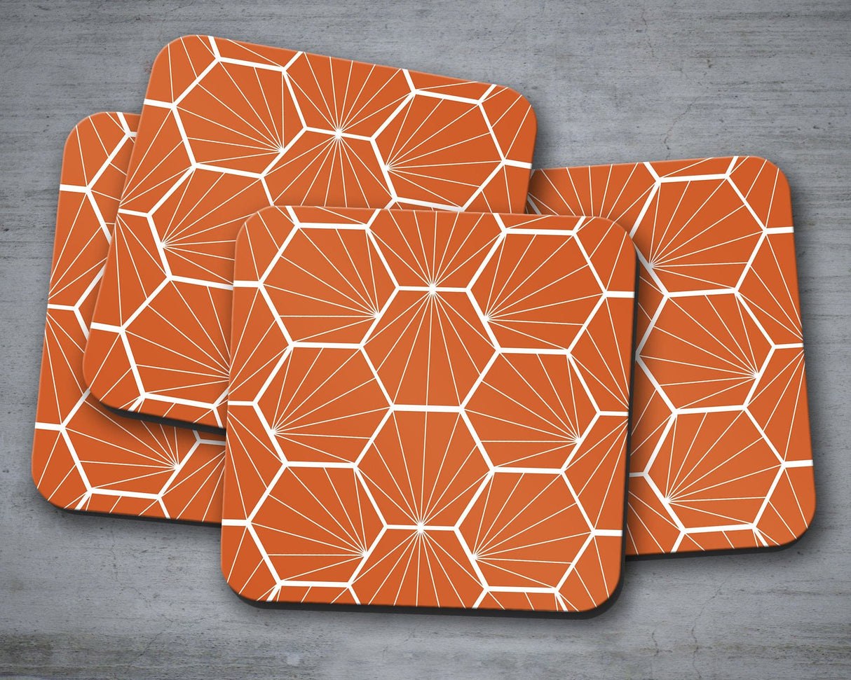 Shadowbright Orange Coasters with a White Hexagon Design, Table Mat
