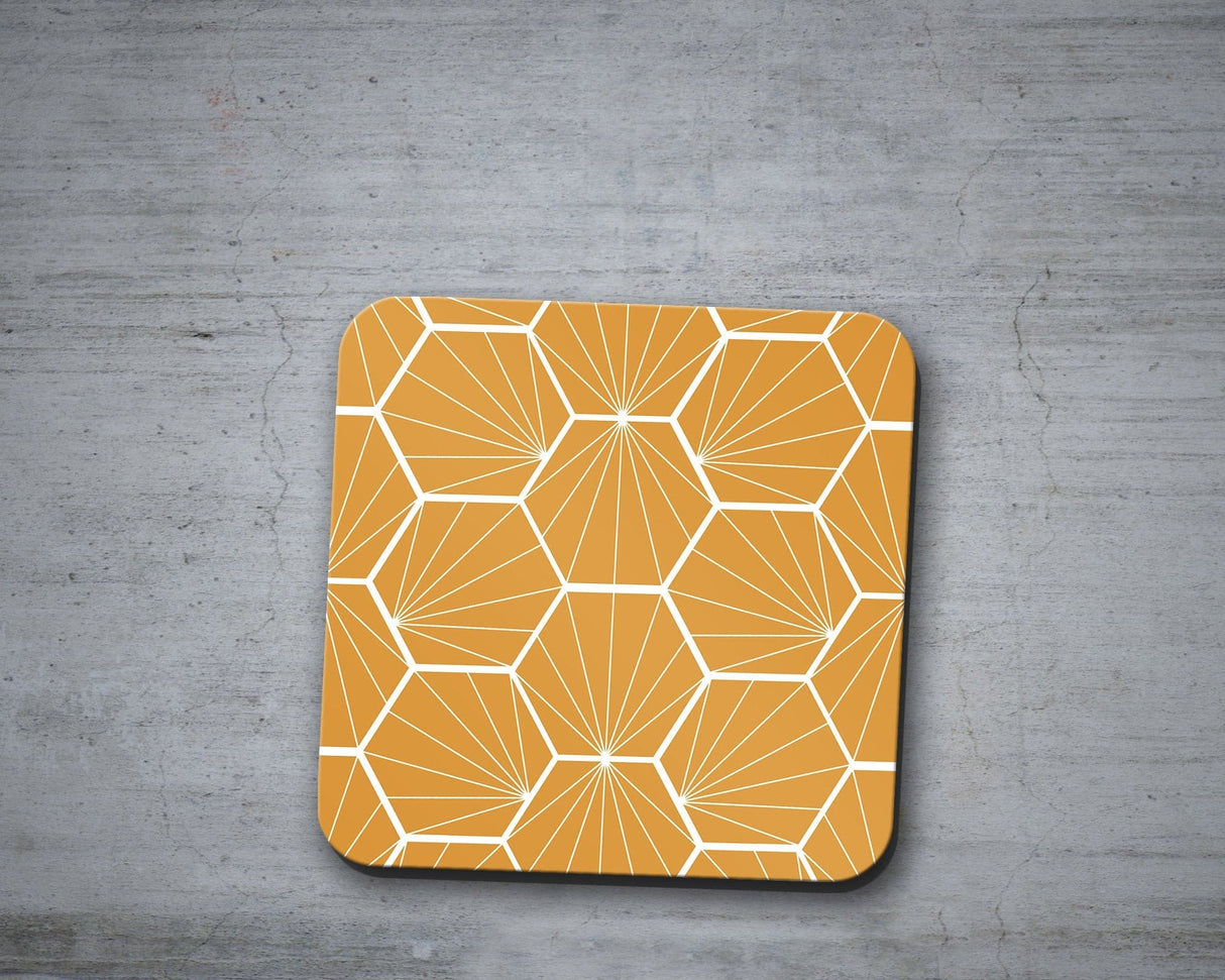Shadowbright Butterscotch Coasters with a White Hexagon Design, Table Mat