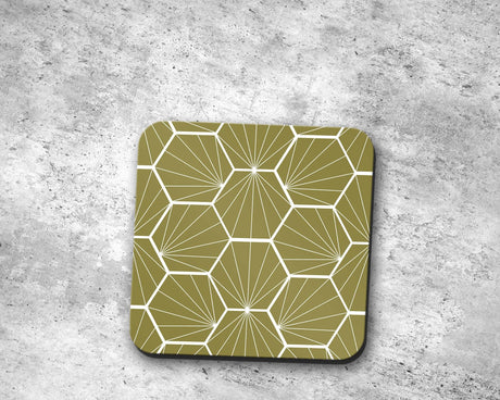 Shadowbright Olive Green Coasters with a White Hexagon Design, 9cm x 9cm