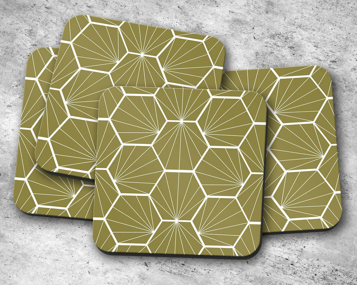 Shadowbright Olive Green Coasters with a White Hexagon Design, 9cm x 9cm