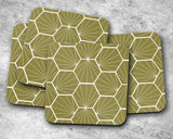 Shadowbright Olive Green Coasters with a White Hexagon Design, 9cm x 9cm