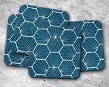 Shadowbright Peacock Blue Coasters with White Hexagon Design