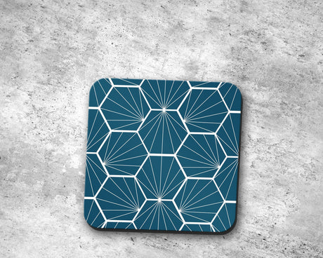 Shadowbright Peacock Blue Coasters with White Hexagon Design