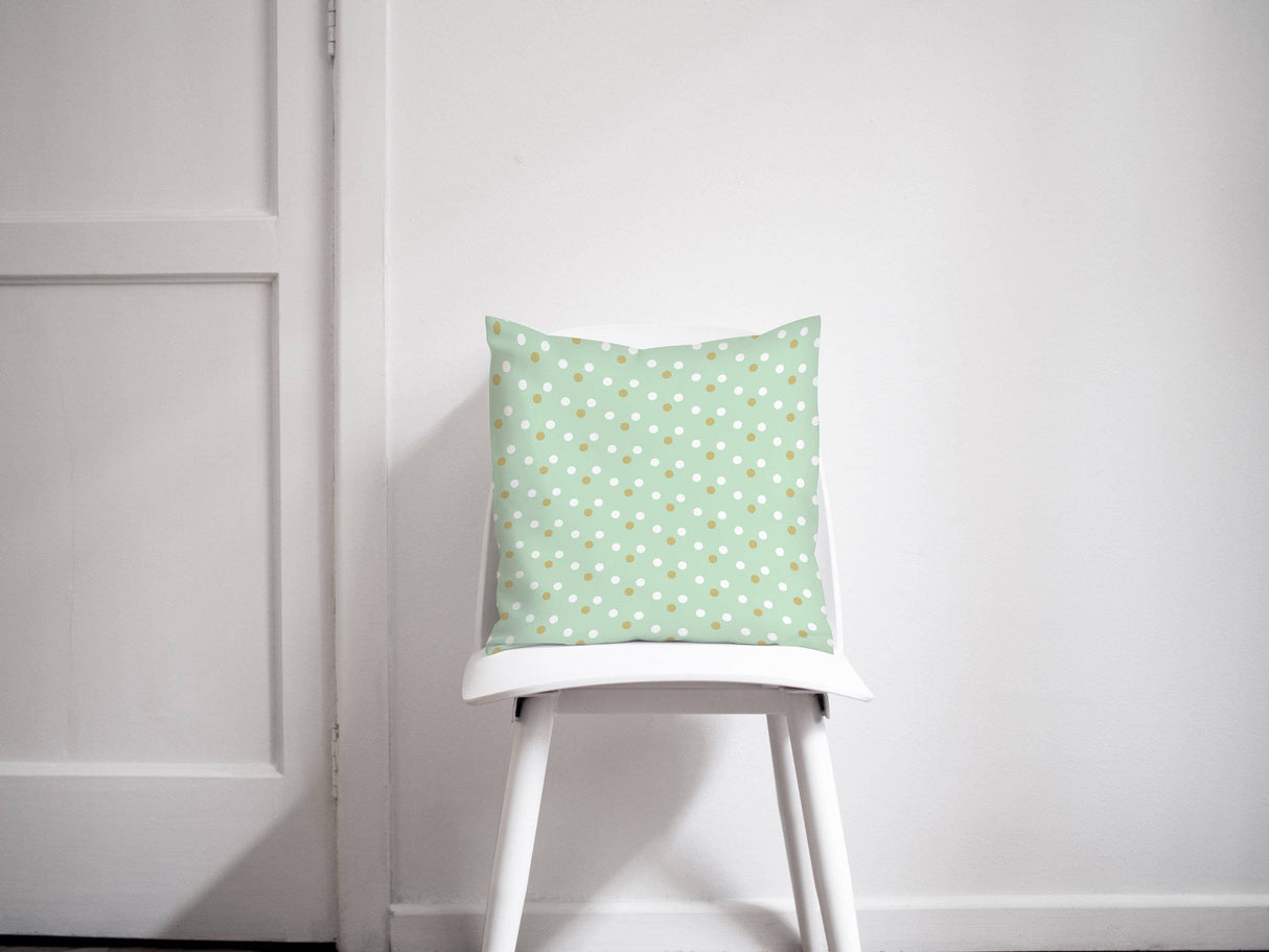 Shadowbright Mint Green Cushion with Gold/White Spotted Design, Throw Pillow