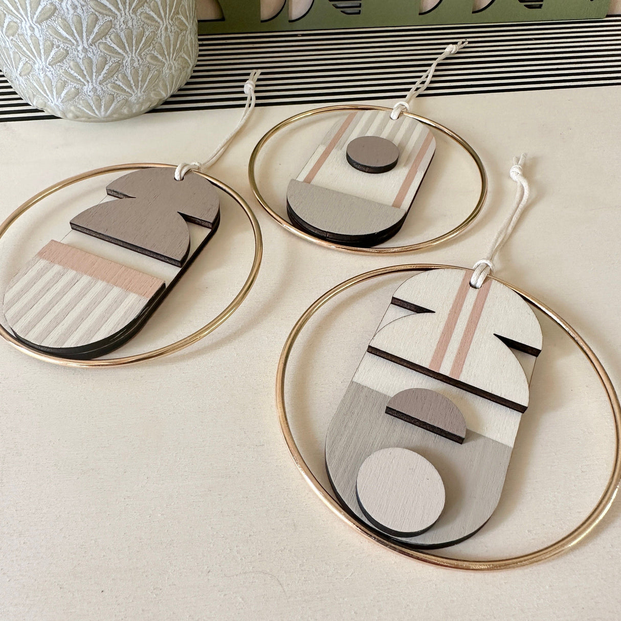 Mini Geometric Mid‑Century Wall Art | Pink & Natural Wooden Décor