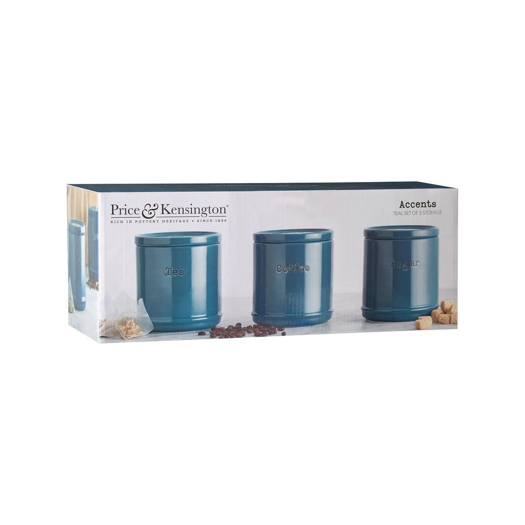 Price & Kensington Accents Ceramic Teal Tea, Coffee & Sugar Storage Jars, 750ml