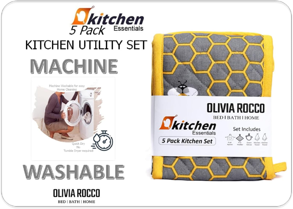 5 Pack Kitchen Sets Apron + Oven Gloves + Towel Set + Pot Holder by OLIVIA ROCCO