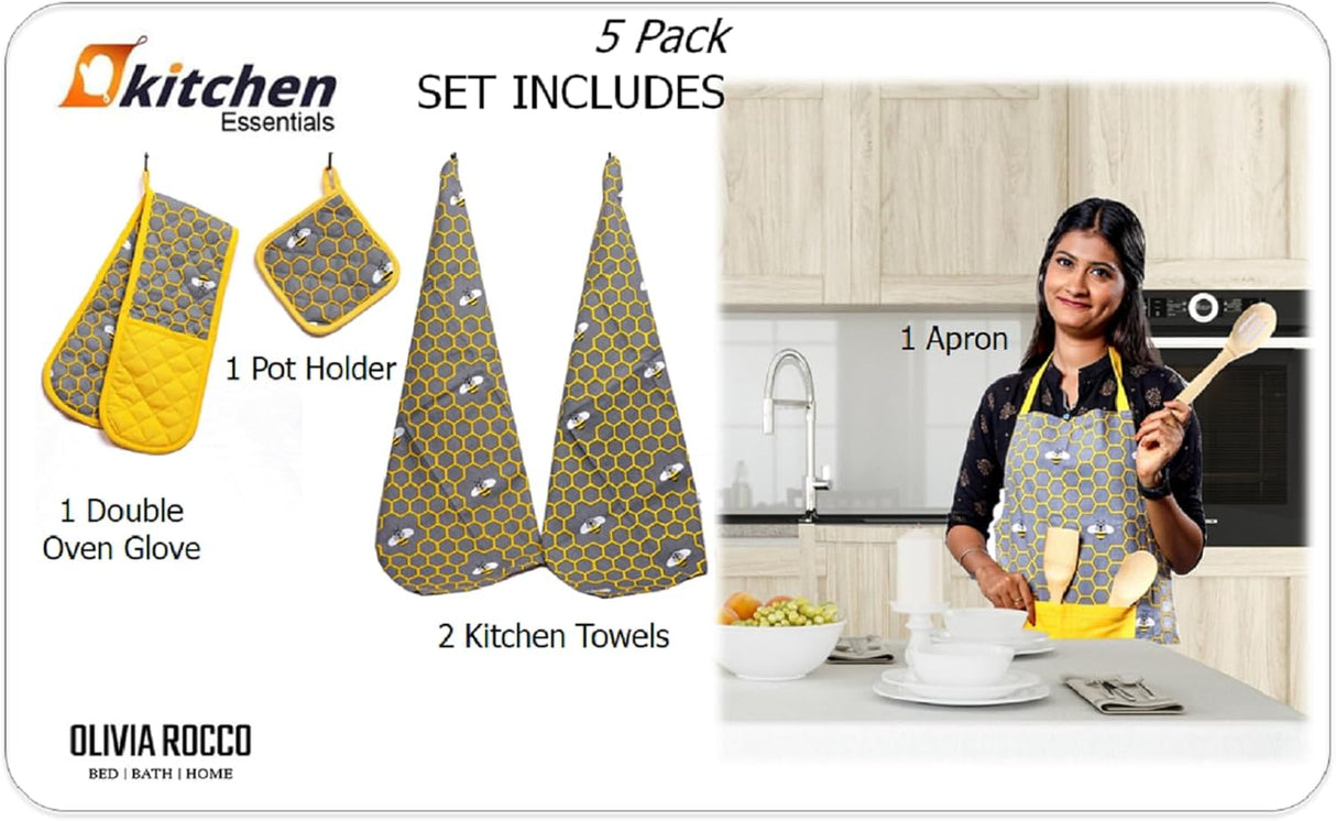 5 Pack Kitchen Sets Apron + Oven Gloves + Towel Set + Pot Holder by OLIVIA ROCCO