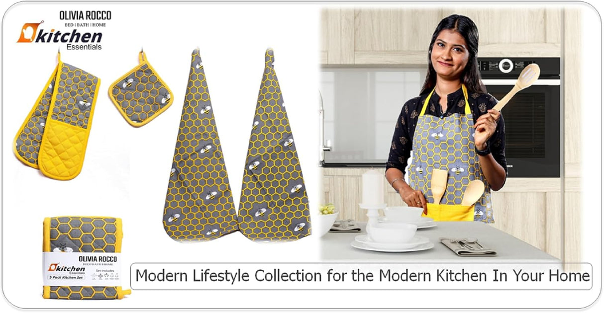 5 Pack Kitchen Sets Apron + Oven Gloves + Towel Set + Pot Holder by OLIVIA ROCCO