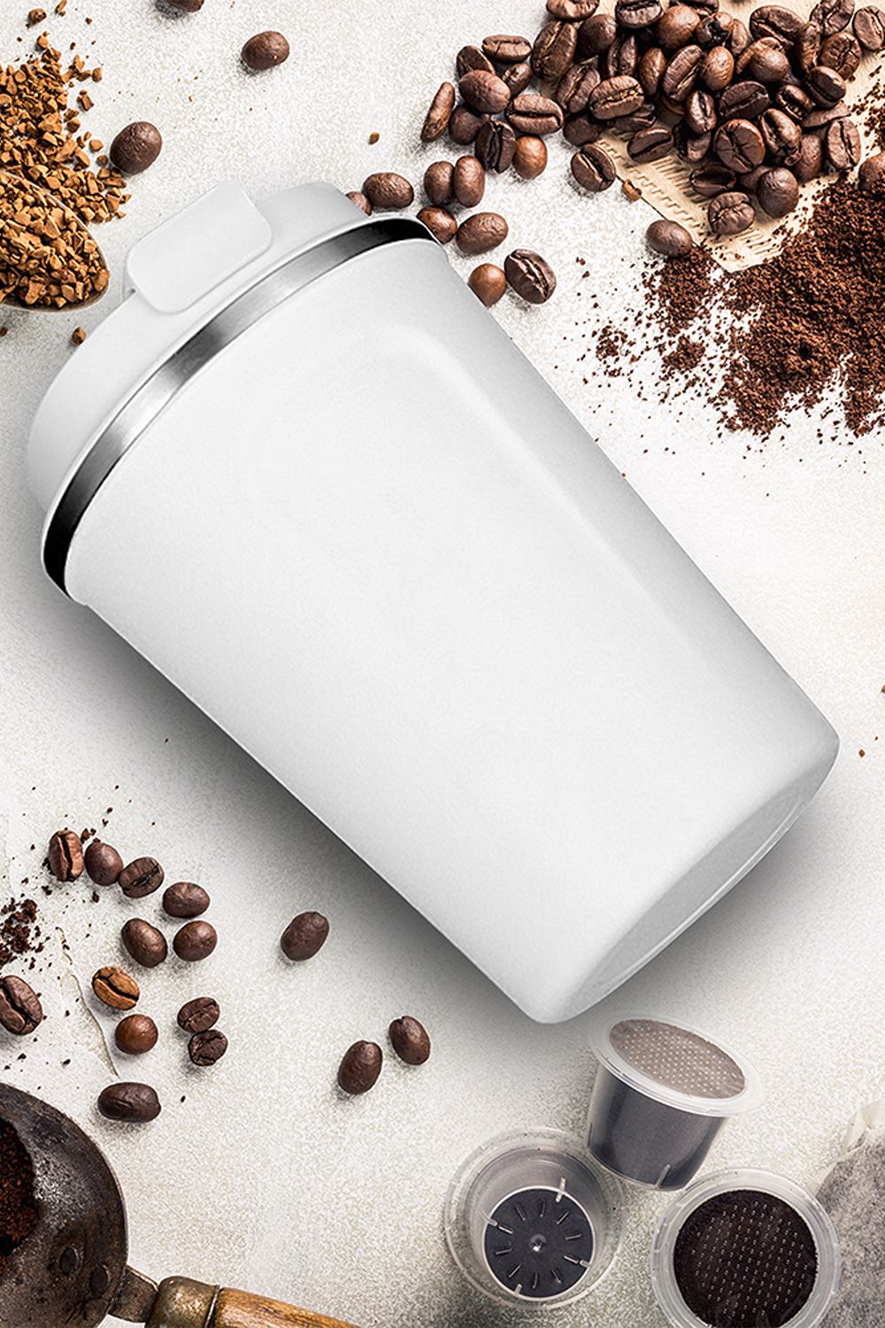 Asobu Cafe Compact Vacuum Insulated Travel Mug, 384ml, White