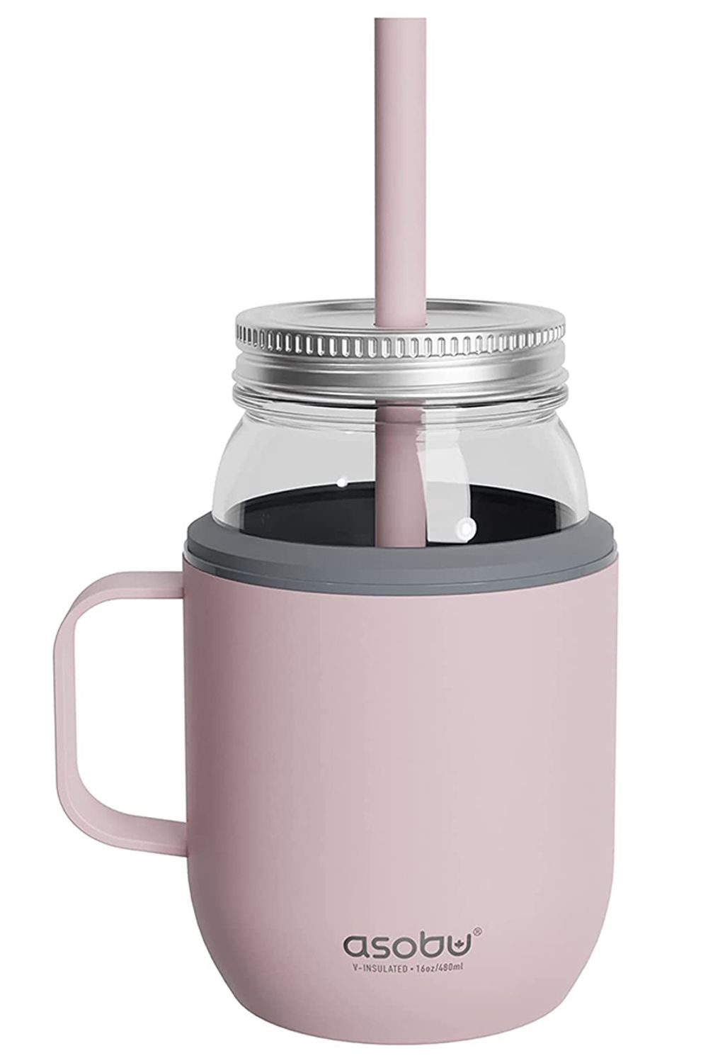 Asobu Moonshine Mason Jar 475ml with Stainless Steel Insulated Sleeve, Pink