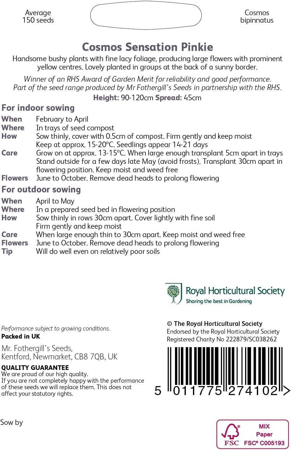 AllotMate Essentials RHS Cosmos Sensation Pinkie Seeds 150