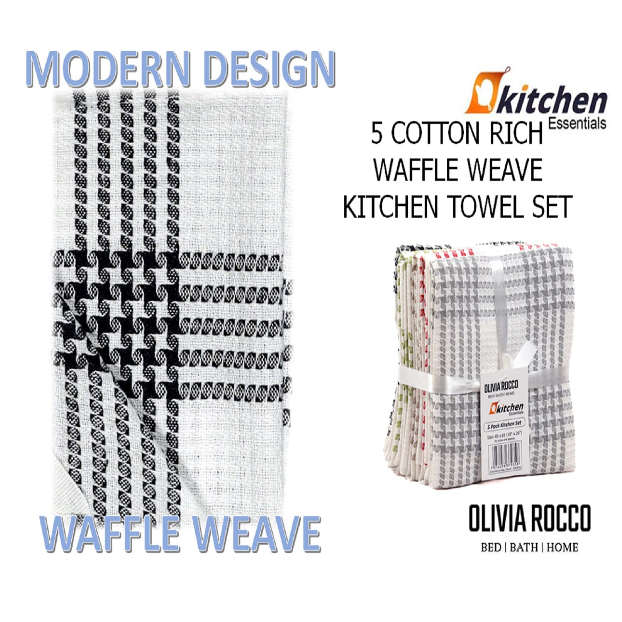 Pack of 5 Super Absorbent Quick Drying Houndstooth Cotton Tea Towels by OLIVIA ROCCO