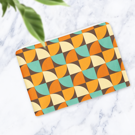 Shadowbright Retro Orange Geometric Makeup Bag – 70s Style Zipper Pouch