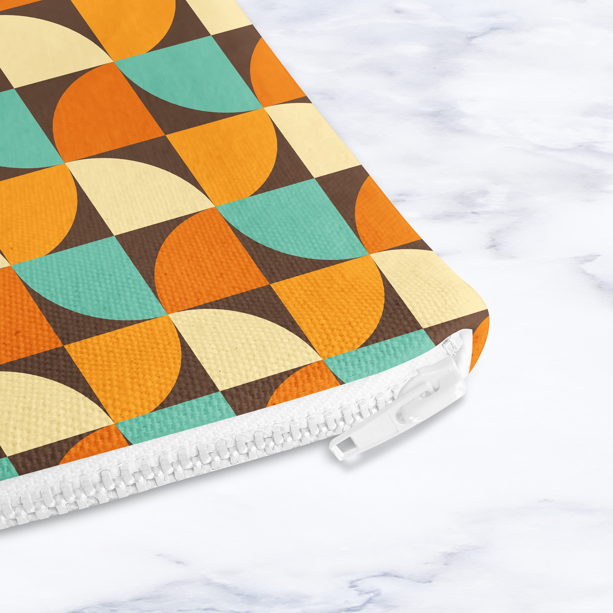 Shadowbright Retro Orange Geometric Makeup Bag – 70s Style Zipper Pouch