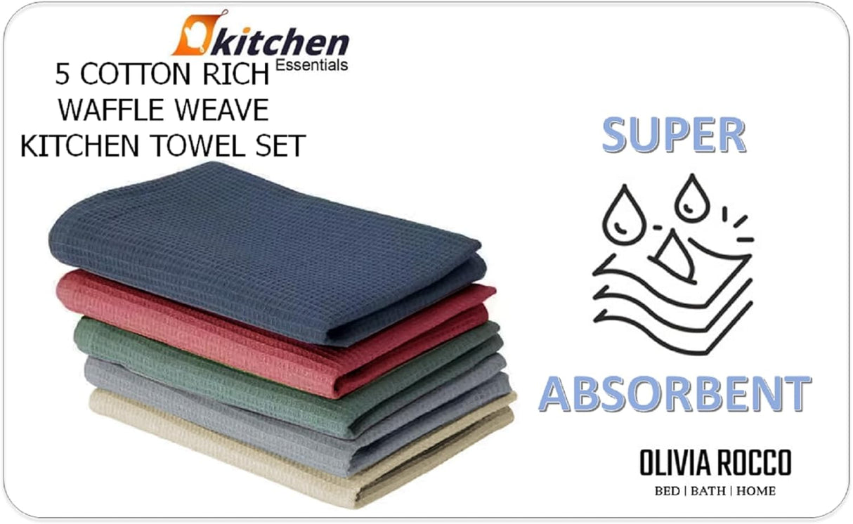 5 Pack Ultra Absorbent Waffle Kitchen Tea Towels by OLIVIA ROCCO