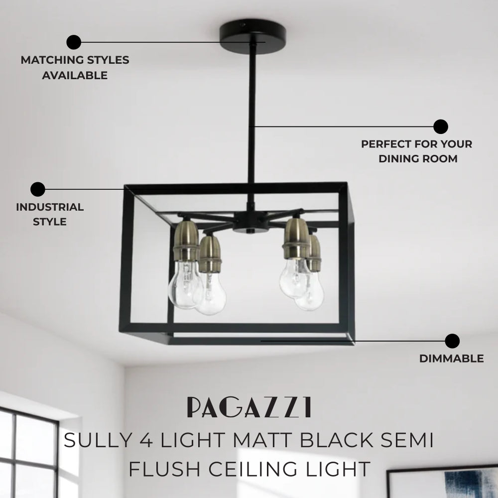 Pagazzi Sully 4-Light Matt Black Semi-Flush Ceiling Light