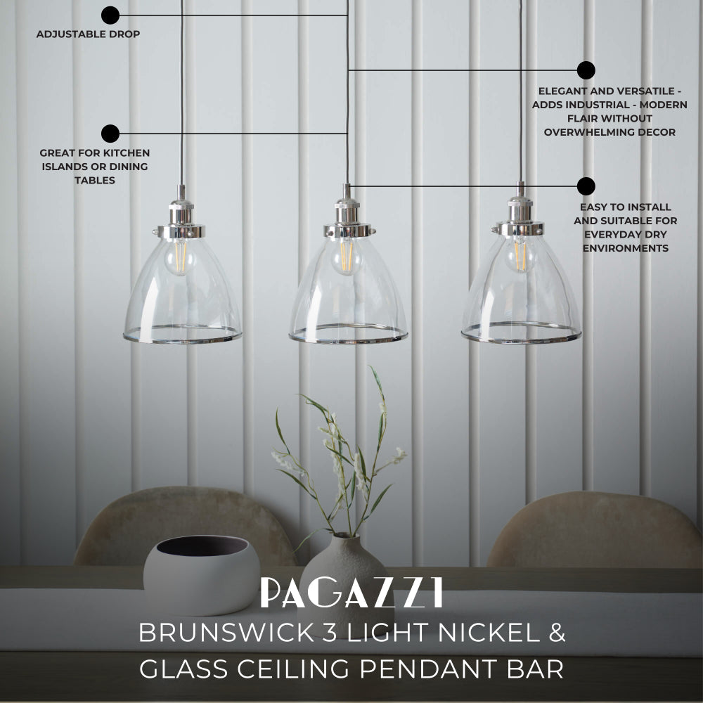 Pagazzi Brunswick 3 Light Nickel & Glass Ceiling Pendant Bar