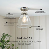 Pagazzi Brunswick Satin Nickel & Clear Glass Semi-Flush Ceiling Light