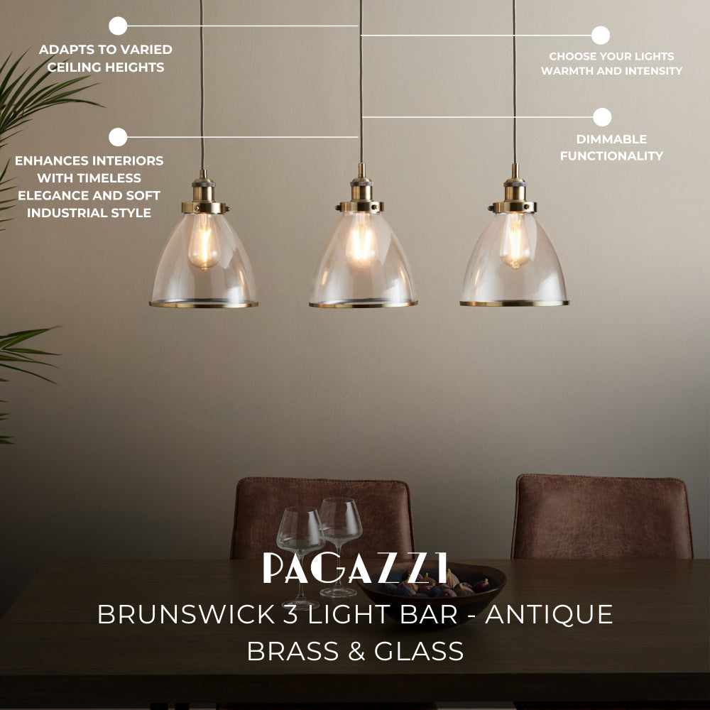 Pagazzi Brunswick 3 Light Antique Brass Glass Ceiling Pendant Bar