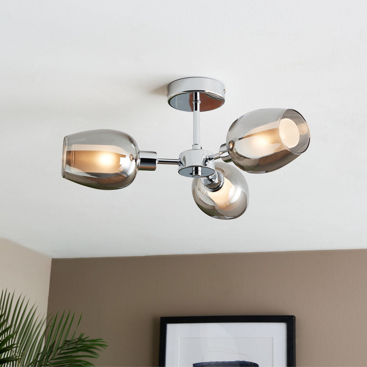 Pagazzi Hayden 3 Light Silver & Smoked Glass Semi Flush Ceiling Light