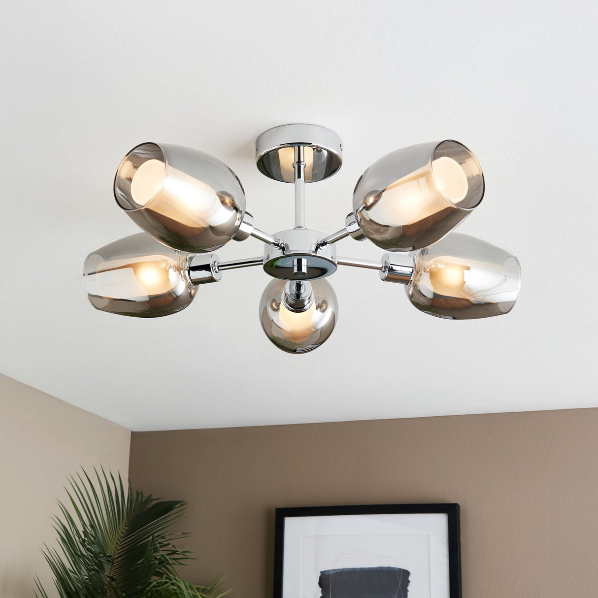 Pagazzi Hayden 5 Light Silver & Smoked Glass Semi Flush Ceiling Light