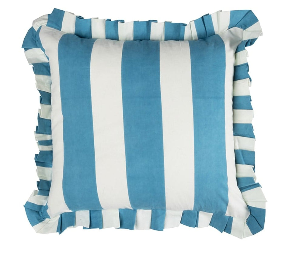 Casa by Josephine Jenno Blue and White Cabana Striped Ruffled Cushion Cover