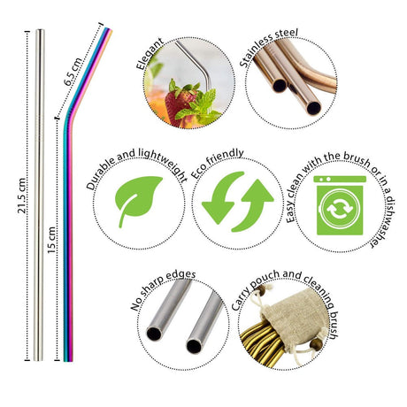 Wild & Stone Reusable Stainless Steel Drinking Straws Rainbow - 8 Pack