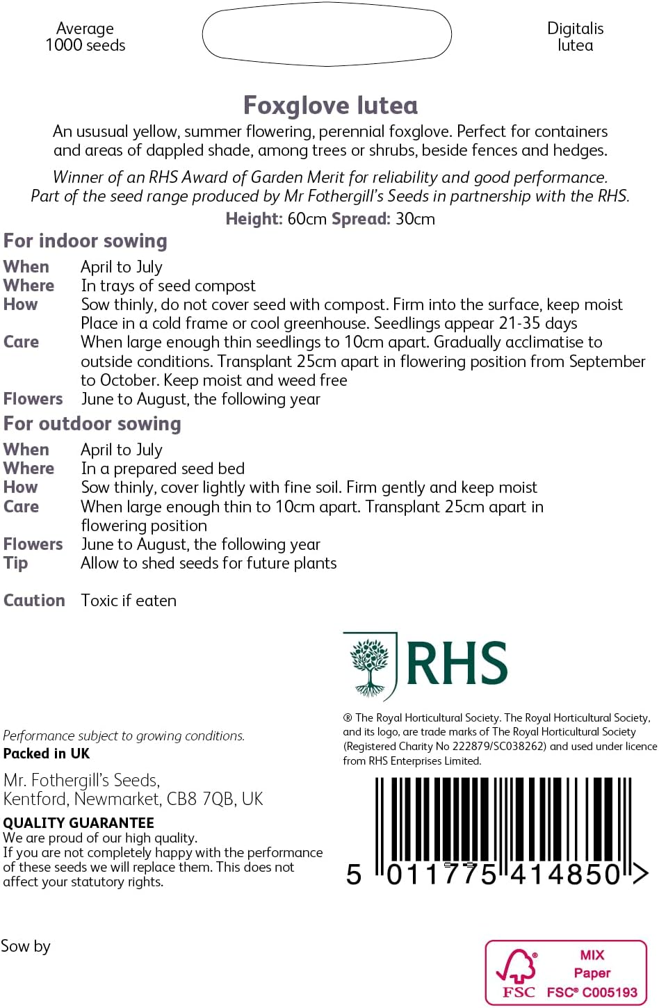 AllotMate Essentials RHS Foxglove Lutea 1000 Seeds, Hardy Perennial Yellow Digitalis