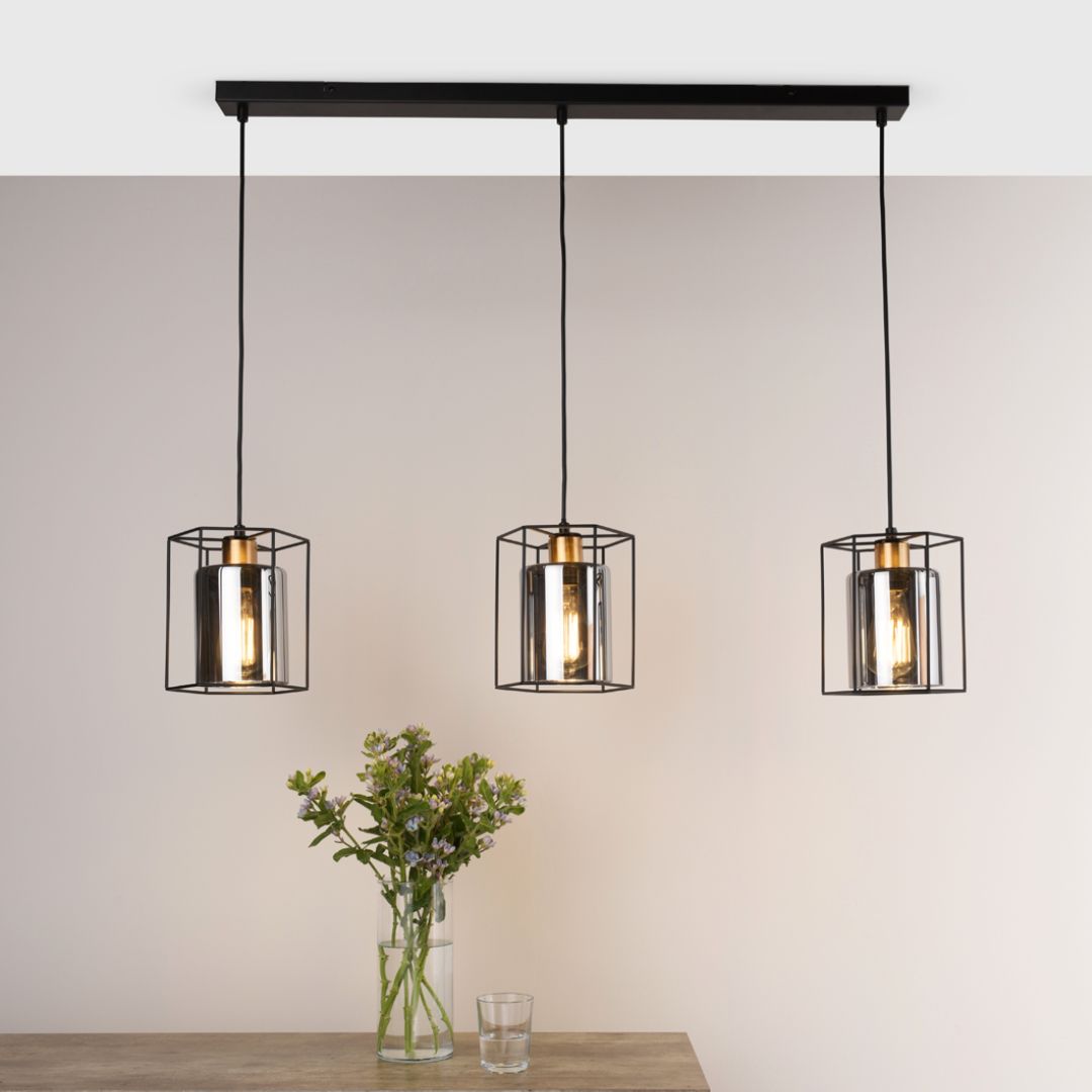Pagazzi Sabrina 3 Light Black & Smoked Glass Ceiling Pendant Bar