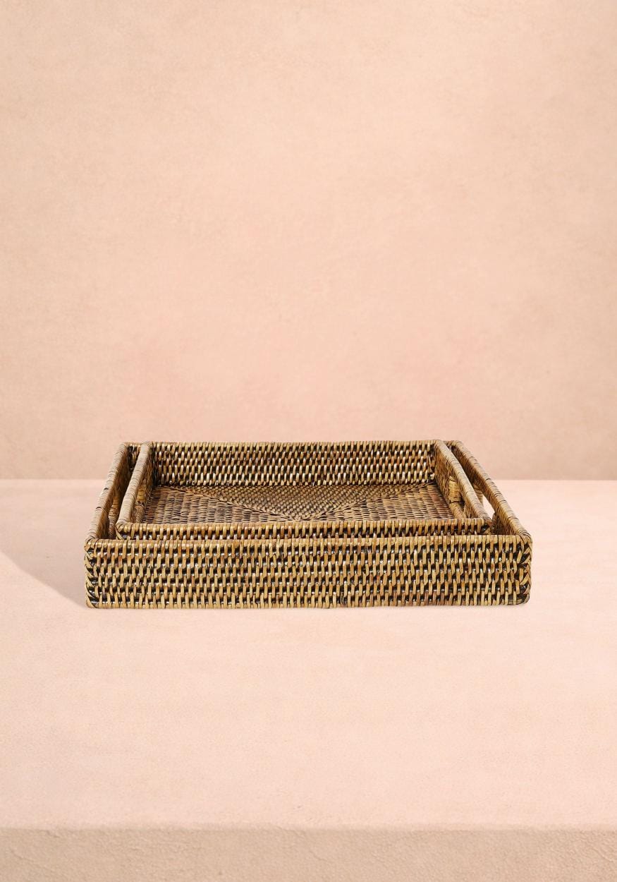 Casa by Josephine Jenno Pair of Square Rattan Trays in Classic Brown