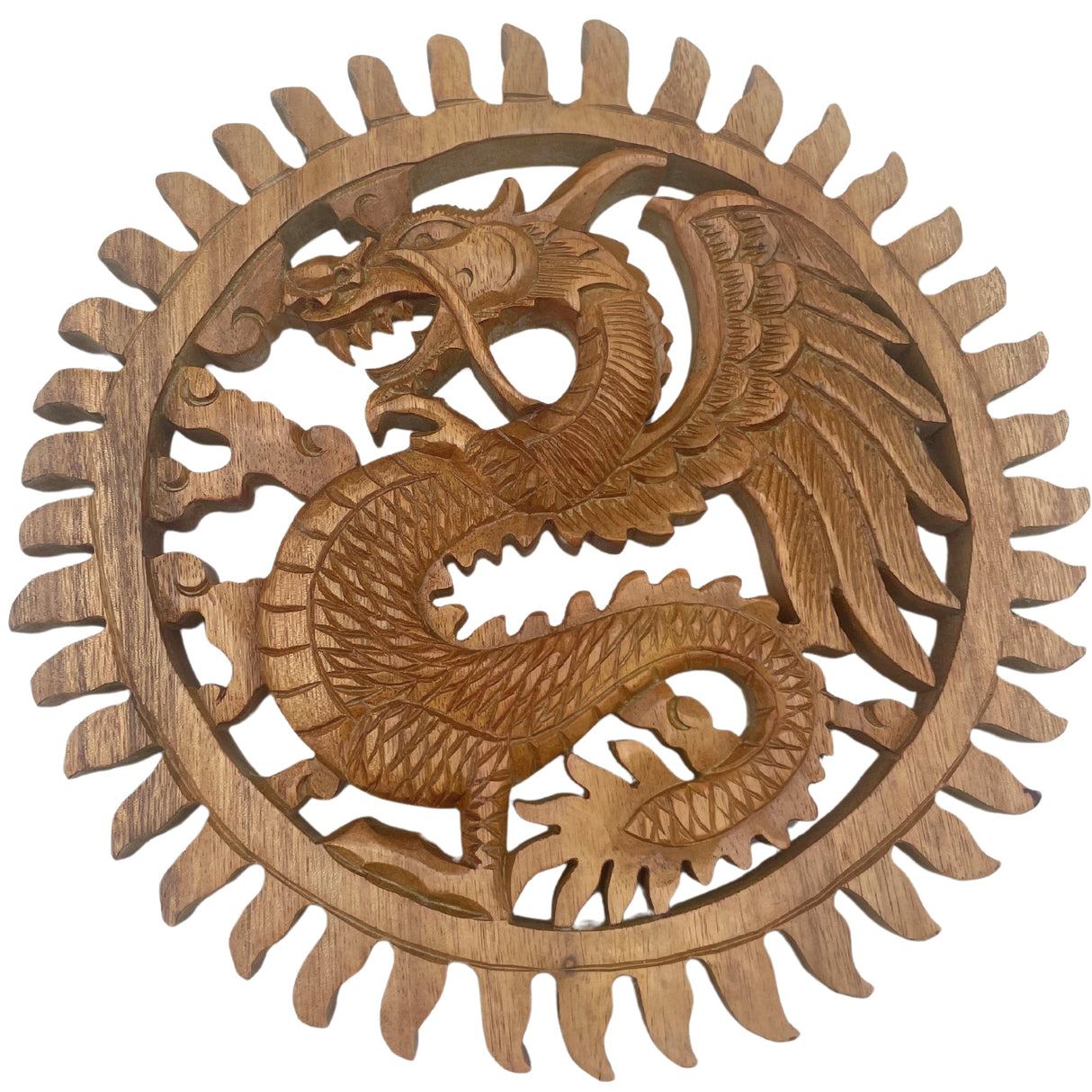 Yorkshire Bonsai Winged Sun Dragon Plaque Carving - 30cm