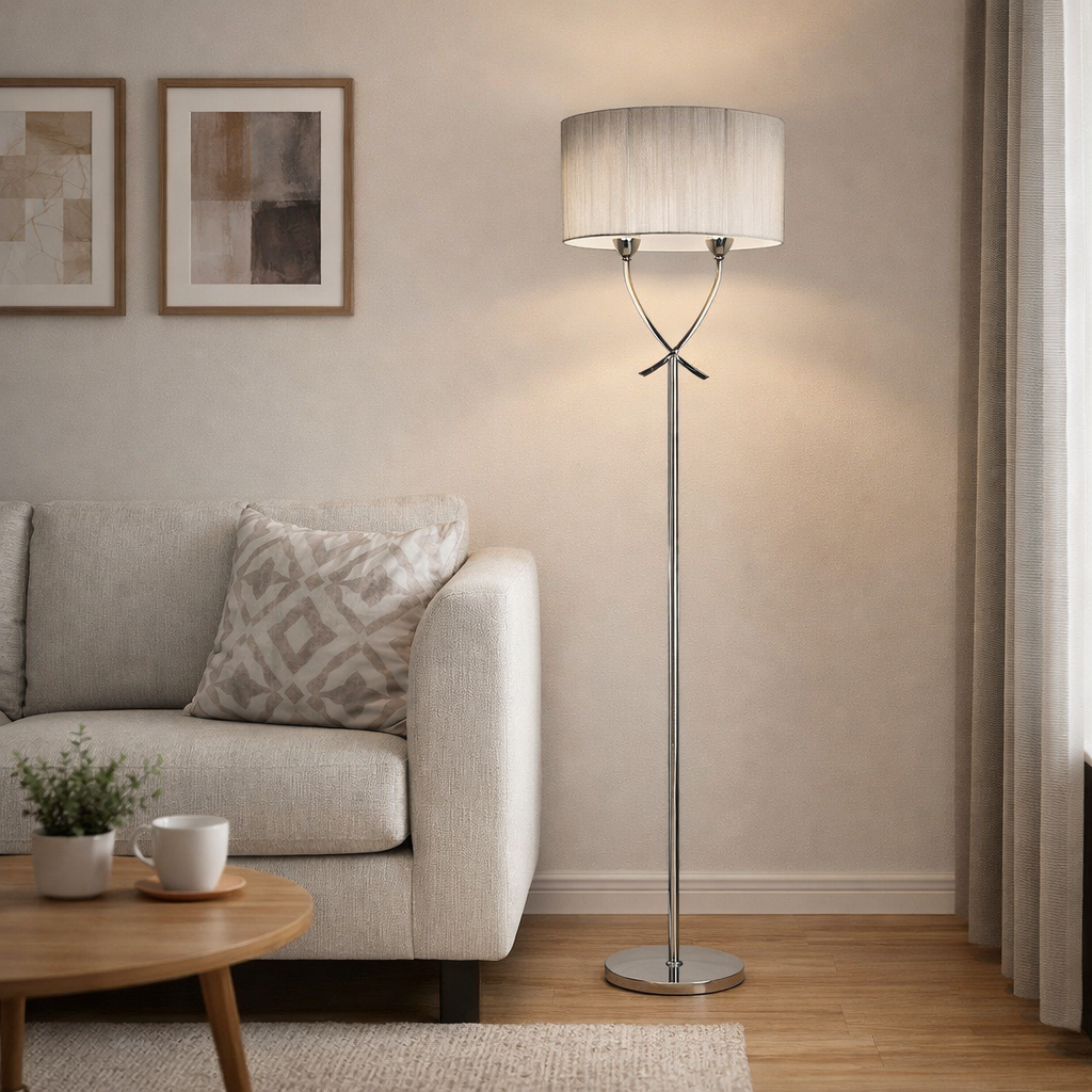 Pagazzi Justina 2 Light Polished Chrome Floor Lamp with Silver Thread Shade