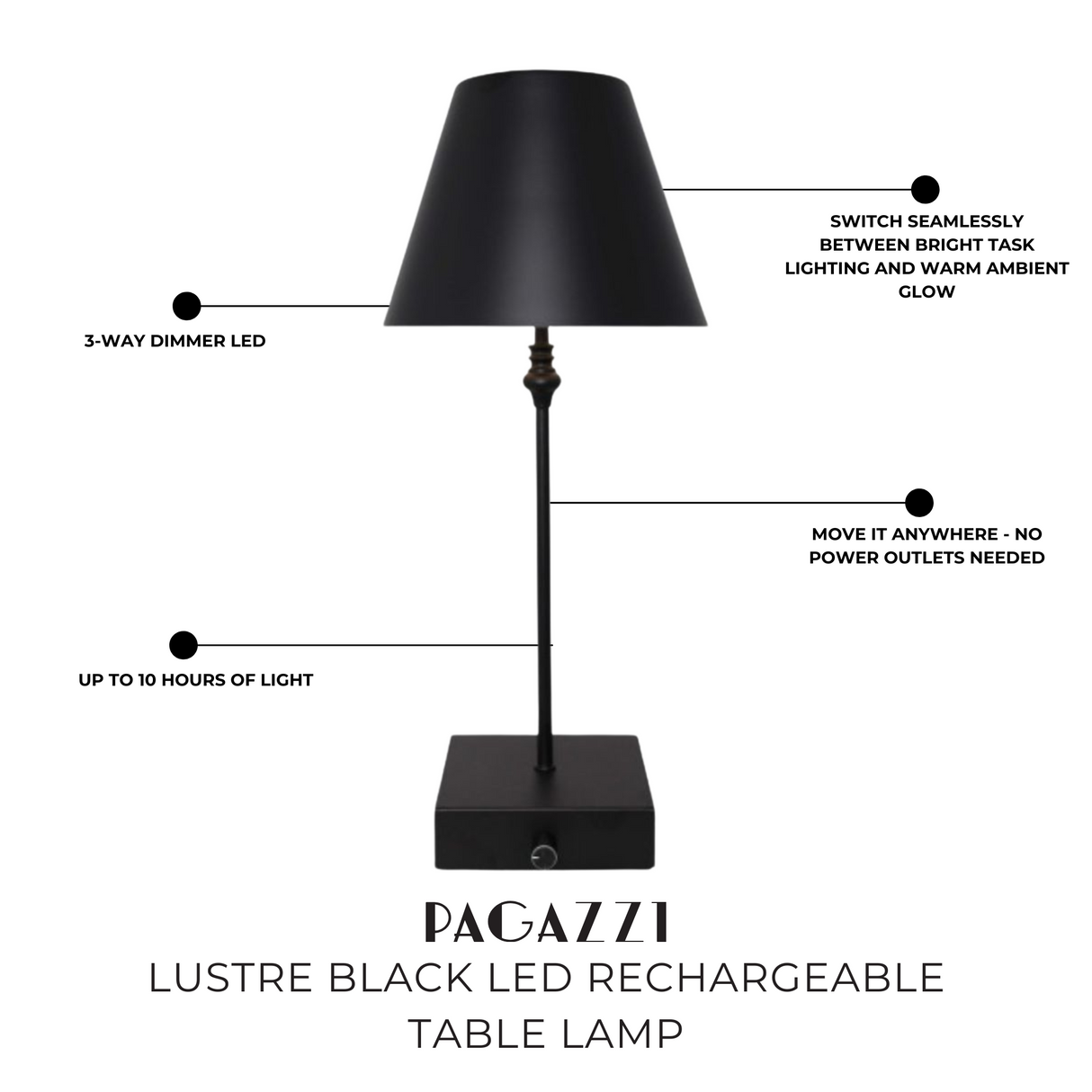 Pagazzi Lustre Black LED Rechargeable Table Lamp