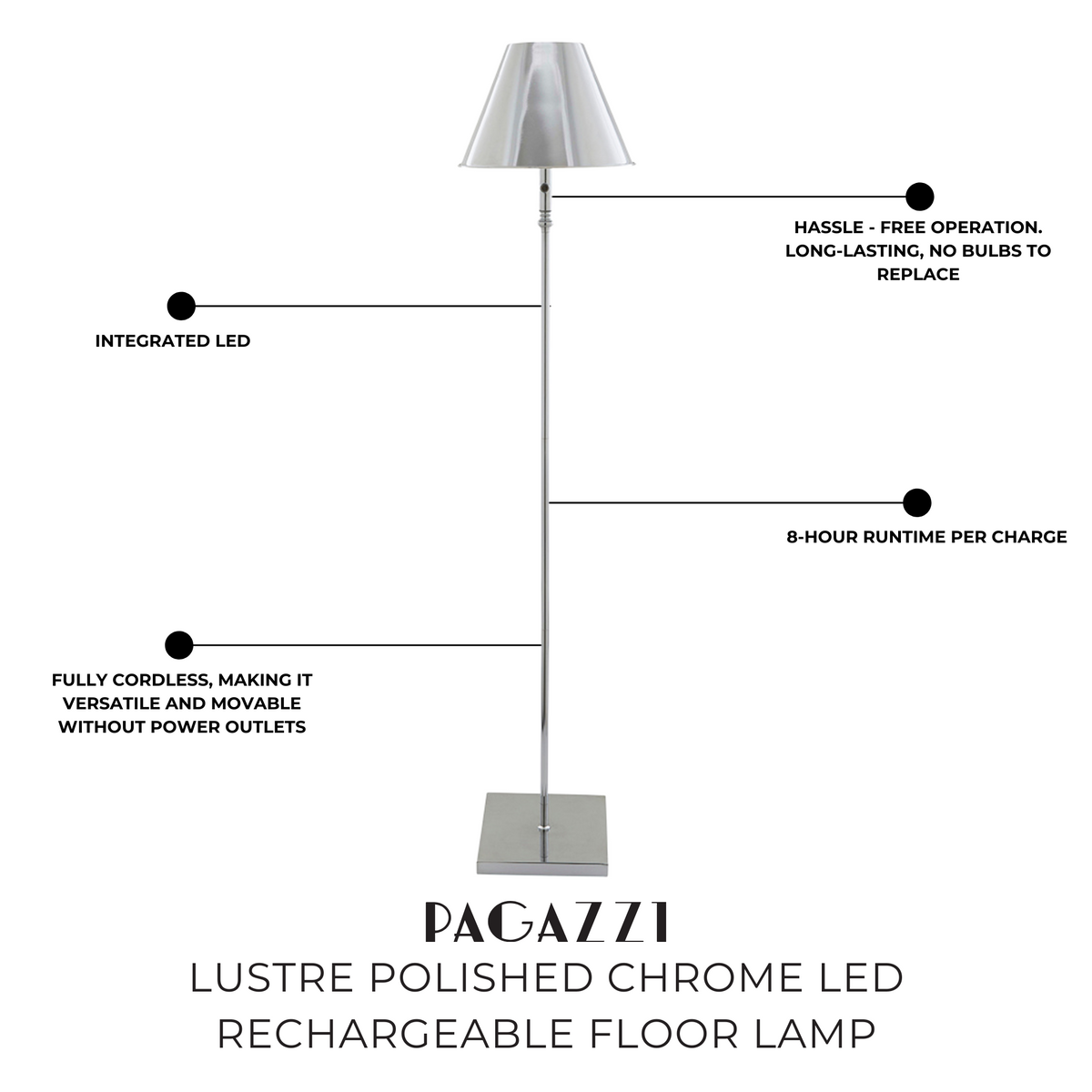 Pagazzi Lustre Polished Chrome LED Rechargeable Floor Lamp