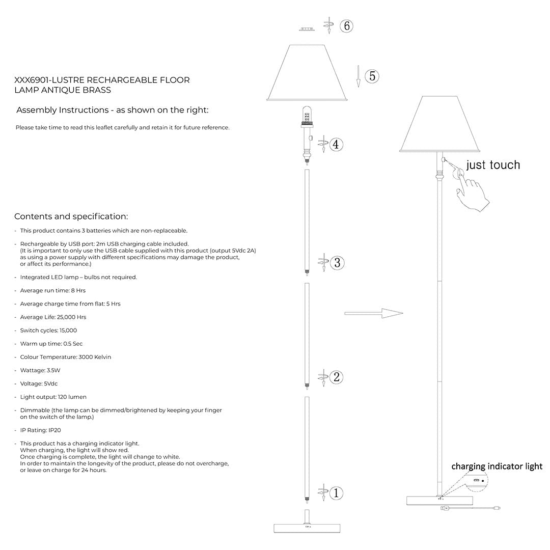Pagazzi Lustre Antique Brass LED Rechargeable Floor Lamp