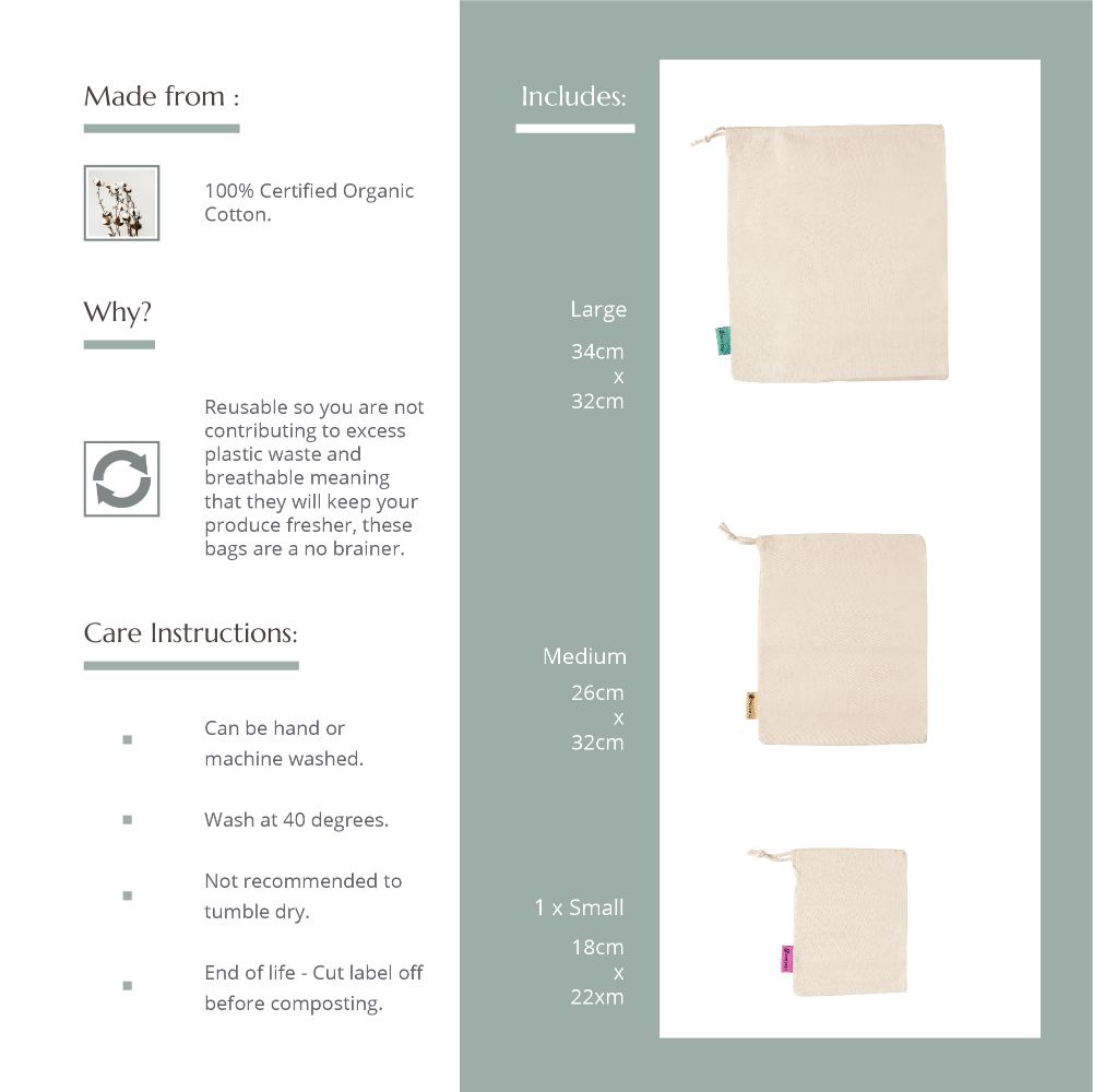 Wild & Stone Reusable Produce Bags - Organic Cotton - Pack of 3